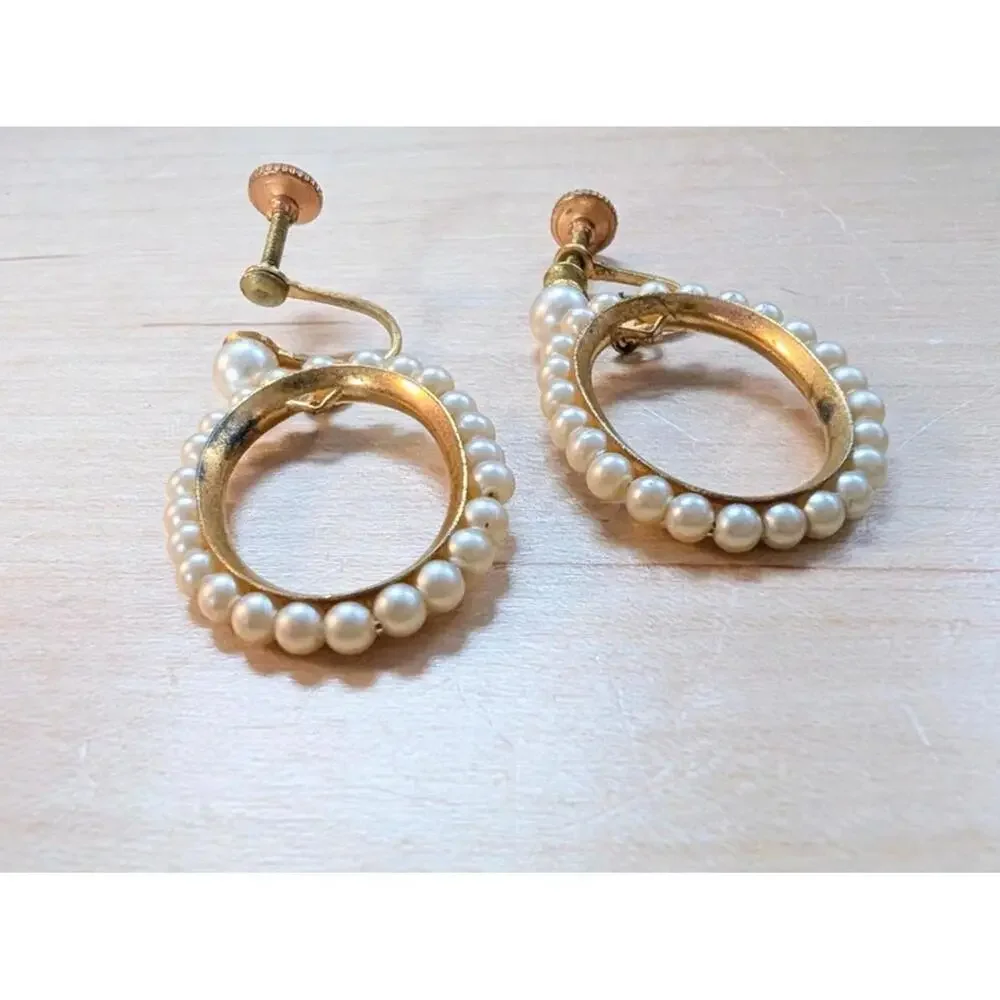 Vintage Hoops 50s Faux Pearl Hoop Dangle Screw back Earrings